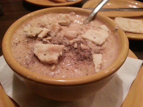 This is the she crab soup. It's cream based and filled with fresh, lump crab meat. I like to pepper mine heavily and sprinkle crushed saltines over the top.