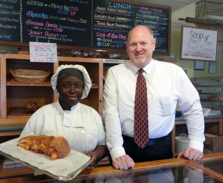 From left: Chief Baker, Sharena Williams and Barry Turner show off the fresh baked Ham & Cheese Rolls.