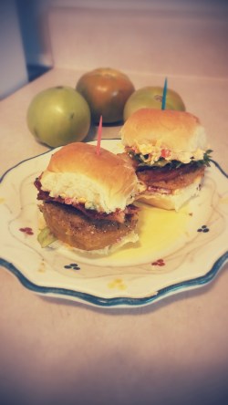 Bacon, Lettuce and Fried Green Tomato Sliders with Spicy Pimento Cheese 
