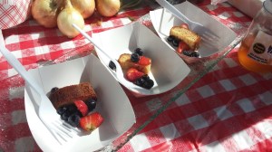 Samples of Honey Vanilla Pound Cake served with fresh macerated berries.