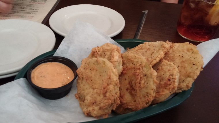 Fried Green Tomatoes served with house-made, spicy thousand island dressing at the Whistle Stop Cafe in Juliette, Georgia..