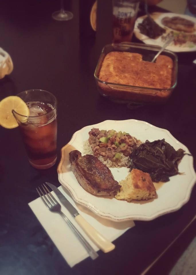 Pork chops, jalapeno corn bread, collard greens and hoppin' John make a fine meal to kick off the New Year.